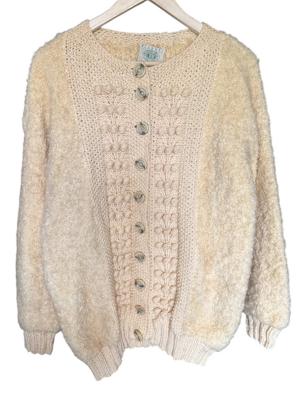Vintage Blarney Woollen Mills 80s Irish Handknit Boucle Wool Cardigan Cream